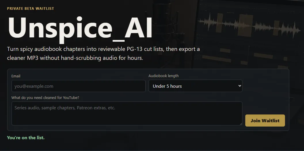 Unspice AI waitlist page.