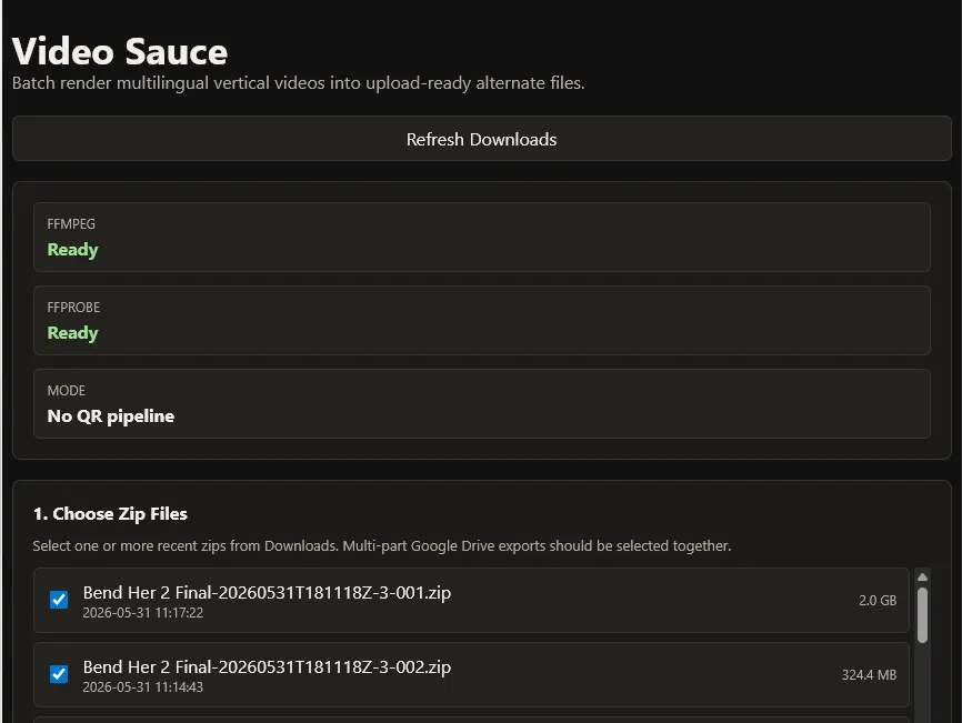 Local Video Sauce interface for batch-rendering multilingual vertical videos.