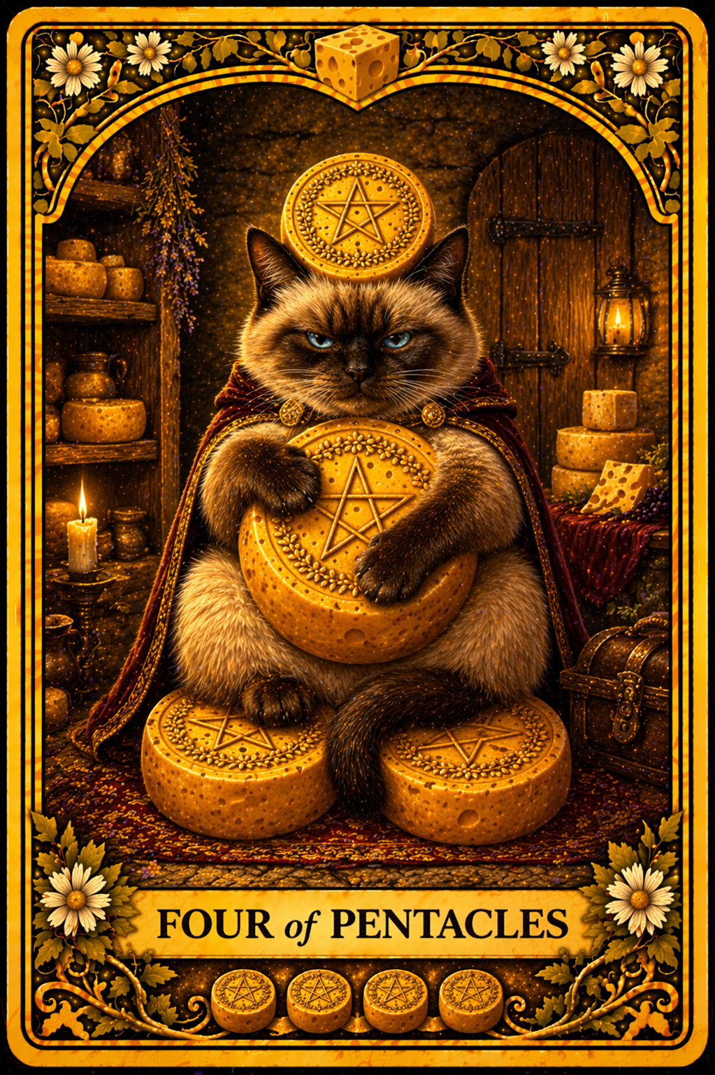 Four of Pentacles: the cat that hoards her cheese. I cannot stop laughing.